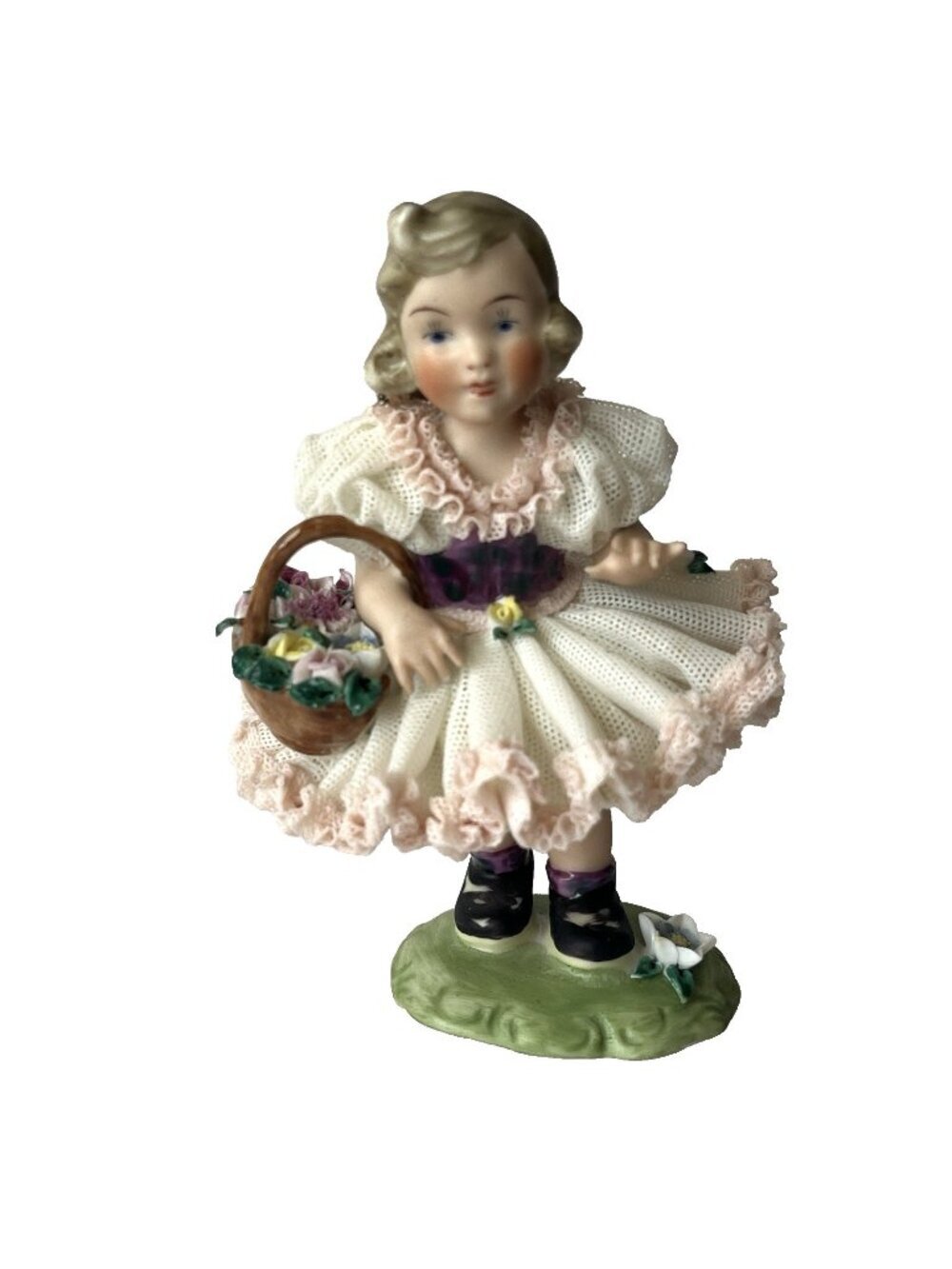 Vtg Rudolf Kammer Porcelain Lace Girl Figurine w/ Flower Basket Darling Germany